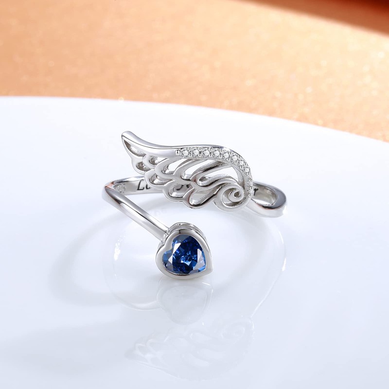 Birthstone Wing Rings Sterling Silver Adjustable Feather Heart Month Stone