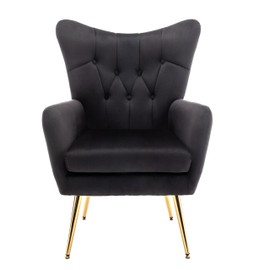 Container Furniture Direct Modern Chic Mid-Century Velvet Accent Armchair for Living Room, Bedroom, or Home Office, Button-Tufted Wingback Design with Gold Flared Legs, Black