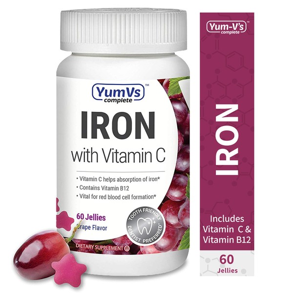 YUM-V's Complete Iron w/ Vitamin C Jellies (Gummies) Grape Flavor (60 Ct); Daily Dietary Supplement, Chewable Vitamins for Men and Women, Vegan, Kosher, Halal, Gluten Free