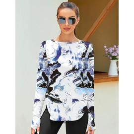 ZHENWEI Long Sleeve UPF 50+ Shirts for Women Outdoor Athletic Sun Shirts Quick Dry Running Boat Neck Light Weight Gym Tops (Black Blue Print, S)