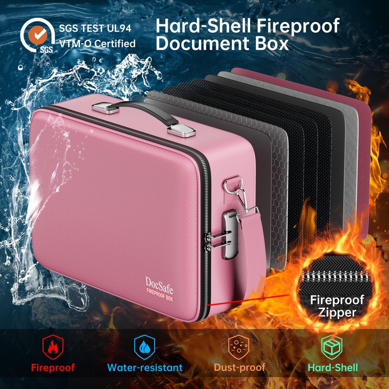 DocSafe Fireproof Document Box with Lock＆Shoulder Strap,Hard Case File Organizer
