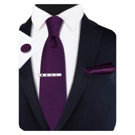 GUSLESON Men's Solid Ties for Men Dark Purple Fashion Tie Clip Necktie and Pocket Square Cufflinks Sets (6101-04)