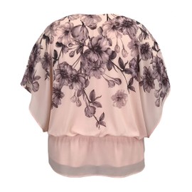 LEEBE Women and Plus Size Double-Layered Print Chiffon Poncho Blouse Top (Small-5X) (Purple Floral/Dusty Pink XL)