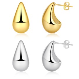 ASCOMY Hoop Earrings for Women, Plated Gold & Silver Earrings Set Lightweight Chunky Waterdrop Hollow Open Hoops Thick Tear Drop Earrings Hypoallergenic Earrings Minimalist Jewelry Set for Women Girls