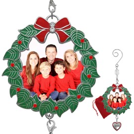 Family Photo Christmas Ornaments for 2024 - Set of 3 - Holiday Wreath Photo Holder with Dated Heart Charm - 1st Annual Ornament - This Year's Keepsake - 3" D - Gift/Storage Bag Included