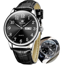 OLEVS Men Watches Black Watches for Mens Black Leather Watches for Men Big Face Day Date Watches Easy to Read Men Watches Analog Quartz Waterproof Men Simple Watches Reloj para Hombre