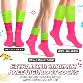 Geyoga Neon Slouch Socks,80s 90s Neon Women's Leg Warmers Extra Long Slouch Socks Soft Scrunch Knee High Sock for Neon Party(Rose,Neon Green)