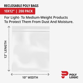 Poly Logic Clear 10" x 12" Reclosable Poly Mailer Bags 2 Mil Thick (200-Pack) | Plastic Resealable Polybags for Shipping, Mailing, Packaging & Storage | Large Reclosable Plastic Bags