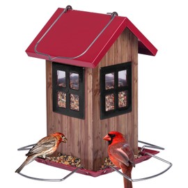 Kingsyard Cute Bird House Feeders for Outside, Hanging Metal Bird Feeder with 4 Ports, Outdoor Garden Yard Decorations for Cardinals Finches Chickadees Goldfinches & Sparrows Bird Watching