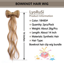 LyoRuSi 14 Inch Curly Wavy HairPieces 2 Pack Bow Alligator Clip Extension Natural Curly Ponytail Hair Extension Party Hair Styling for Women Girls 18H85#