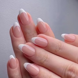 24Pcs French Tip Press on Nails Medium Almond Fake Nails White French Tip False Nails Glossy Daily Wear Artificial Nails Glue on Nails Acrylic Nails Stick on Nails for Women Nails Art Decorations