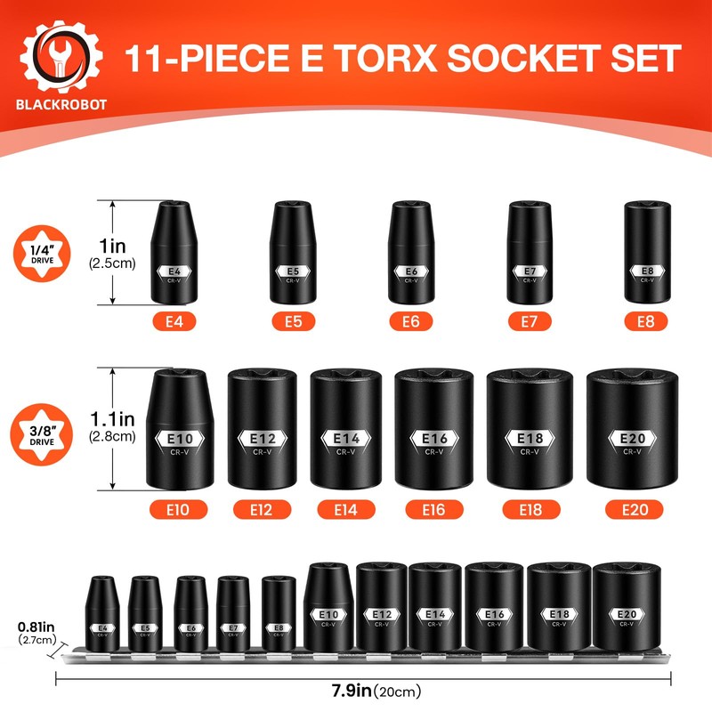 BLACKROBOT E Torx & Star Socket Set With Rail, 11-Piece