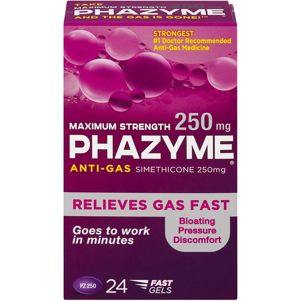 Phazyme Maximum-Strength Gas and Bloating Relief | 250 mg Simethicone | 24 FAST GELS