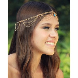 Yean Boho Turquoise Hair Chain Gold Bridal Head Chain Beach Pendant Hair Jewelry for Women and Girls