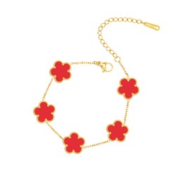 JIEMUCHU Gold Plated Stainless Steel Four Leaf Clover Bracelet Jewelry for Women (Red-Gold Plated)