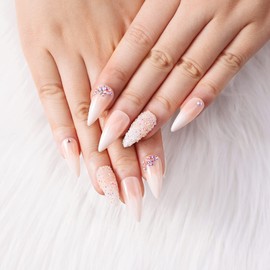 morily 24Pcs Ombre Press on False Nails with Design Glossy Pink Stiletto Fake Nails Kit Medium Length Long Luxury Crystal Acrylic Stick on Nails Tips Artificial Finger Manicure for Women