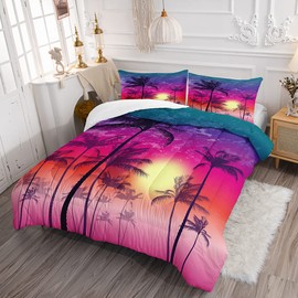 Tropical Sunset Palm Tree Comforter Set for Kids and Adults, Queen Size Sunset Dreamy Dusk Warm Quilt Bedspreads with 2 Exotic Twilight Scenery Pillowcases - 90" x 90" (Queen, Blue)