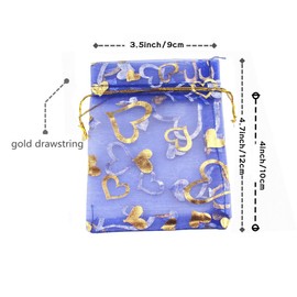 QIANHAILIZZ 100 pcs 3.5 x 4.7 Inch Flower Heart Organza Jewelry Gift Pouch Candy Pouch Drawstring Wedding Favor Bags X92 (royalblue gold heart)