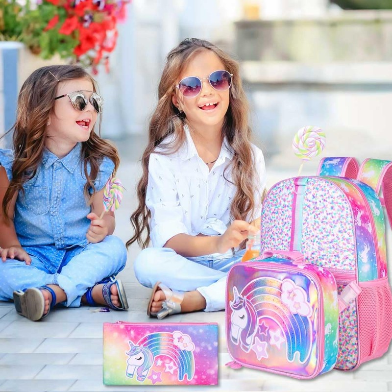 UFNDC 3PCS Unicorn Backpack for Girls, 16”Kids Sequin Bookbag with
