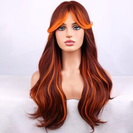 WTHCOS Ombre Orange Brown Wigs for Women Long Curly Wavy Brown And Orange Wig With Curtain Bangs for Girls Heat Resistant Synthetic Wigs for Cosplay Costume Party