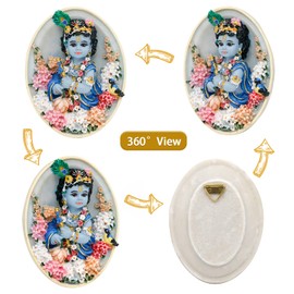 Alikiki Oval-Shape Krishna Wall Hanging - 4.6”H Hindu God Lord Baby Krishna Idol with Flute Flowers Indian Polystone Murti Pooja Figurine Home Office Altar Mandir Temple Puja Decor