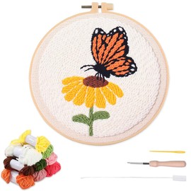 YEESAM ART Punch Needle Kit with Butterfly and Sunflower Patterns, Full Set DIY Punch Needle Embroidery Set with Hoop Tool, Easy Craft for Adults Beginners