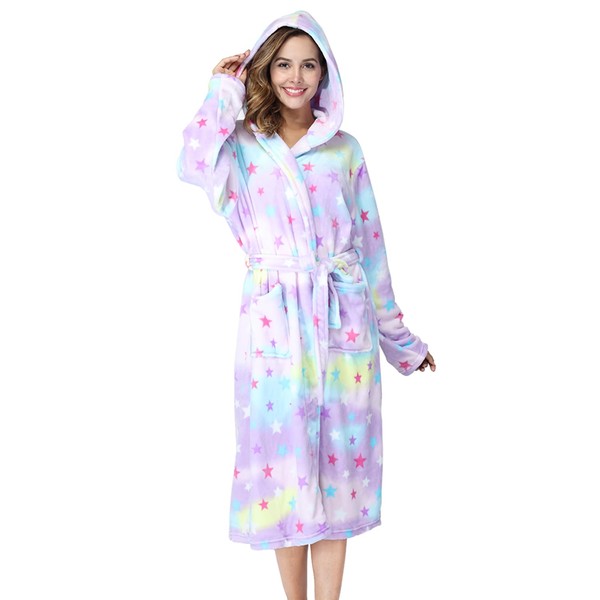RONGTAI Soft Fleece Hooded Bathrobe for Women, Shawl Collar, Long