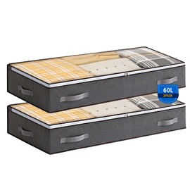Boic 2 Pack Under Bed Storage Boxes With Lids, Underbed Storage 60L, Foldable Underbed Storage Bags, Clothing Storage Bags With Reinforced Handle For Clothes, Comforters, Blankets & Bedding