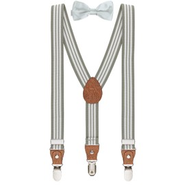 BomGuard Children's Braces with Bow Tie Set, 1 - 8 Years, for Boys and Girls - Grey Striped + Bow Tie Silver Grey