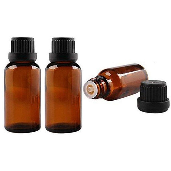 ericotry 3Pcs Empty Refillable Amber Glass Essential Oil Bottles Vials Attar Jars with Orifice Reducer and Black Cap Perfume Aromatherapy DIY Makeup Tools Accessories size 30ml/1oz