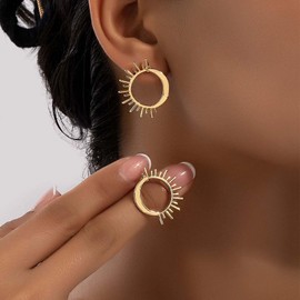 Inateannal Boho Open Circle Hoop Earrings Gold Sunburst Earrings Sun Moon Stud Earrings Vintage Crescent Moon Earrings Statement Round Earrings Jewellery for Women, Zinc, No Gemstone