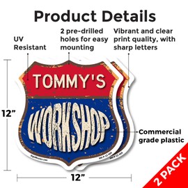 Tommy's Workshop (2 Pack) 12 inch X 12 inch Shield Shaped Commercial Grade Plastic Signs Weather Resistant, UV Protected To last, Gift for Dads and Uncles Classic Americana Crafted in the USA