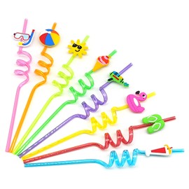 24 Pieces Reusable Crazy Drinking Straws, Beach Pool Birthday Summer Party Decorations Favors with 2 Cleaning Brushes and 1 Storage Bag