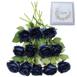 LVEFIT Artificial Rose Flower Artificial Flowers Flower with Long Stem Silk Roses Bouquet for Wedding Bridal Shower Party Home Decoration (Navy Blue, 12 Pcs)