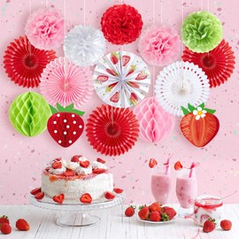 Homarkable Strawberry Birthday Decorations, Strawberry First Birthday Décor, Red Pink White Paper Fans Hanging Decorations, Strawberry Baby Shower Decorations