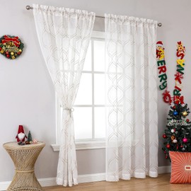 VISIONTEX Moroccan Embroidered White Sheer Curtains Geometric, Rod Pocket Tulle Semi Window Treatment Long Drapes for Bedroom, Set of 2 Trellis Curtain Panels, 54 x 95 inch, Light Brown