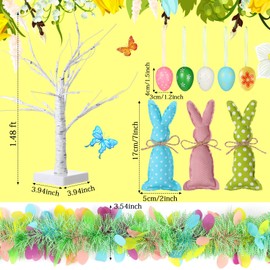 Easter Tree Decorations Lighted Birch Tree with Easter Egg Ornament Felt Bunny Hanging Ornaments Tinsel Garland for Holiday Spring Party Home Tabletop Decor (Easter Egg, 18 Pcs)