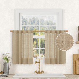 LAMIT Short Window Linen Curtains 36 Inch Length 2 Panels, Brown Light Filtering Panels Back Tab and Rod Pocket Neutral Drapes for Bathroom/Loft Room, 34 x 36 Inch