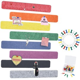 Vuzvuv 8 pcs Bulletin Board Bar Strips with 50 Pushpins & 10 Wooden Clip pins，Self Adhesive Cork Board for Wall，Felt Pin Board for School，Office Decor(Colour)