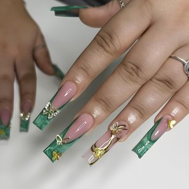 Green French Tip Press on Nails Long Square Butterfly Rhinestones Fake Nails with Glue Gold Stripe Butterflies Stick on Nails Full Cover Pink Glossy False Nails for Women DIY Manicure Decoration 24PCS