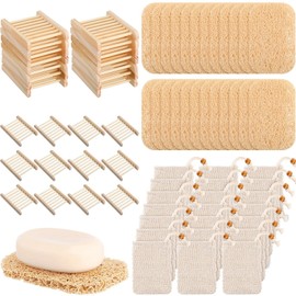 Yaomiao 72 Pieces Soap Accessories Set Includes Wood Soap Dish, Saver Pads Bulk with Self Drain, Bar Holder Mesh Bag for Shower Bath Home Toilet Kitchen Hotel Restaurant(Wood Color)