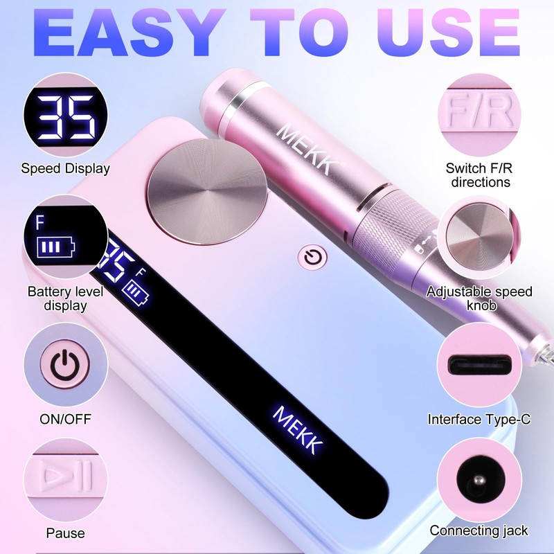 MEKK Nail Drill Professional Electric Nail file Cordless Nail Drill