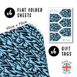 Lightning Wrapping Paper for Boys - Blue and Black - 6 Sheets of Wrapping Paper - Birthday Wrapping Paper For Men - With Stickers - From Central 23