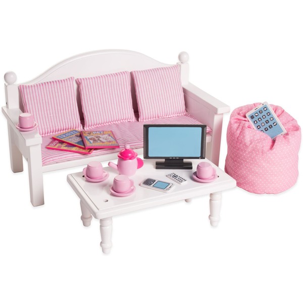 Playtime by Eimmie 18 Inch Doll Furniture - Couch and Coffee Table with Living Room Accessories - Fits American, Generation, My Life and Similar 14"-18" Girl Dolls - White Wood Playset