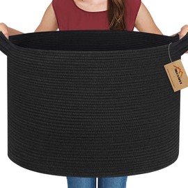 MEGASKET Large Black Blanket Basket, 22" X 22" X 14" Woven Rope Bin for Storage, Kids Dog Toy Storage Box Organizer Bins, Blanket Holder for Living Room, Decorative Wicker Basket for Organizing