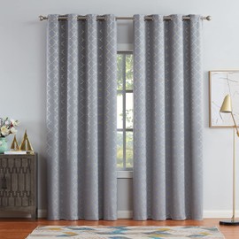 Enactex 100% Full Blackout Curtains Thermal Insulated Drapes 84 Inch Long for Bedroom, Grey Drapery with Gold Geometric Pattern Room Darkening Grommet Window Curtain for Living Room, 2 Panels
