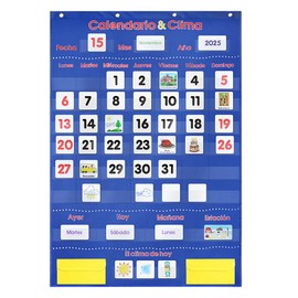 Spanish Bilingual Calendar & Weather Pocket Chart – 142 Laminated Flash Cards (Días, Meses, Clima) – Heavy-Duty Classroom Teaching Tool for Dual Language Homeschool & Elementary (Blue)