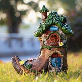 TERESA'S COLLECTIONS Garden Ornaments Outdoor, Lovely Fairy Boot House with Solar Light, Waterproof Resin Fairy House Solar Ornaments, Garden Decorations Gifts, Indoor Outdoor 15CM