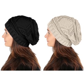 Lilax Knit Slouchy Oversized Soft Warm Winter Beanie Women Hat 2 Pack Black-Beige