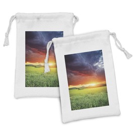 Ambesonne Nature Fabric Pouch Set of 2, Horizon with Dark Storm Cloud Meadow with Sunset View Image Modern Design, Small Drawstring Bag for Toiletries Masks and Favors, 9" x 6", Multicolor